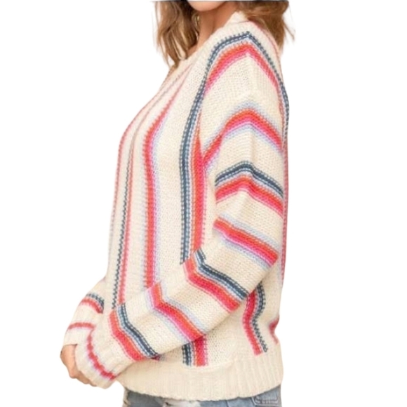 HEM & THREAD Women's Soft Oversized Cream Striped Pullover Knit Sweater - Picture 6 of 13